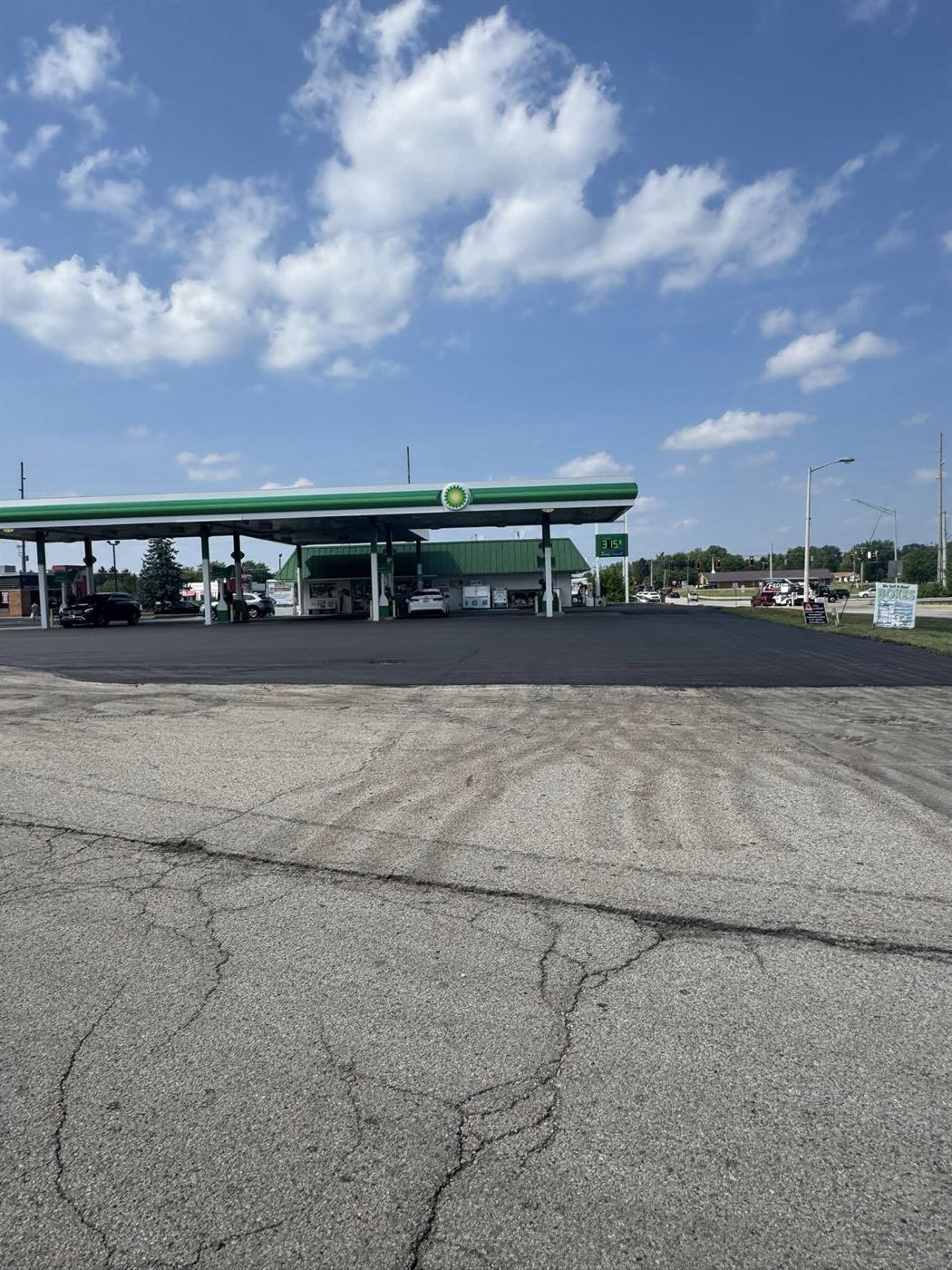 Freshly paved and striped BP gas station lot