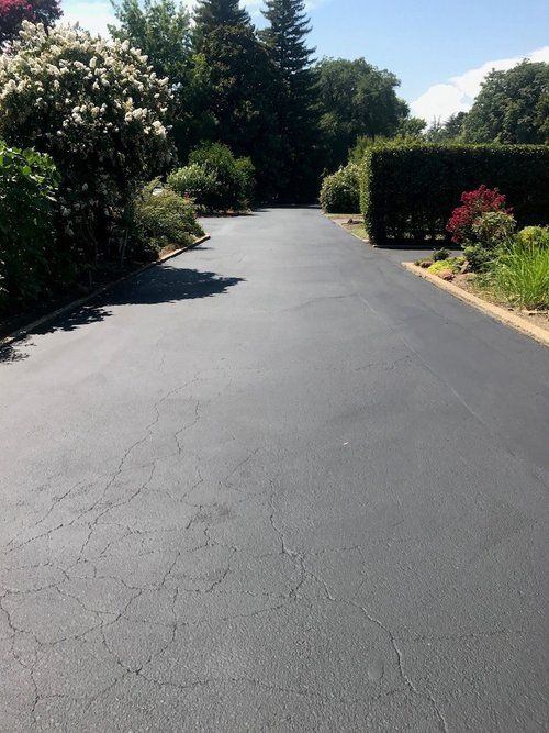 Finished driveway flanked by flowers and shrubs